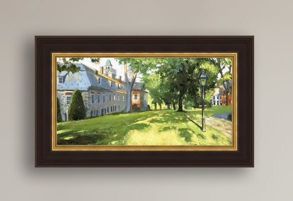 Painting of a sunlit Moravian Chapel with a lamp post and trees.
