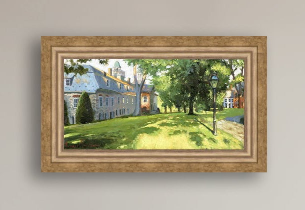 Painting of a sunlit Moravian Chapel with a lamp post and trees.