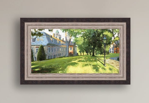Painting of a sunlit Moravian Chapel with a lamp post and trees.
