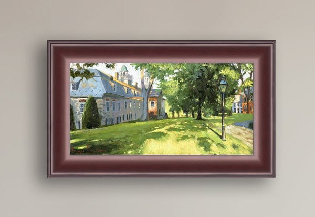 Painting of a sunlit Moravian Chapel with a lamp post and trees.