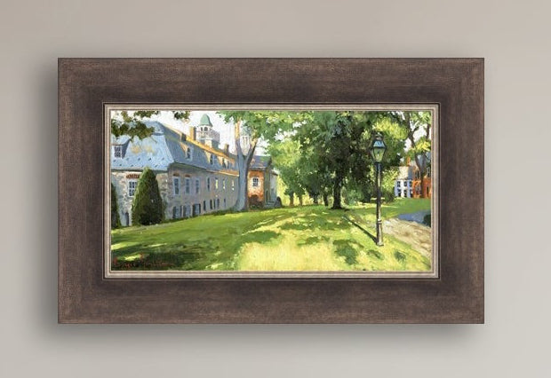 Painting of a sunlit Moravian Chapel with a lamp post and trees.