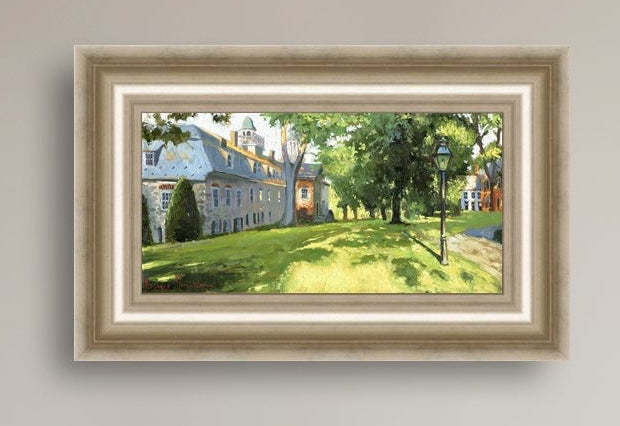 Painting of a sunlit Moravian Chapel with a lamp post and trees.