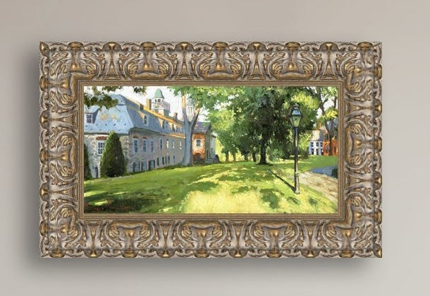 Painting of a sunlit Moravian Chapel with a lamp post and trees.