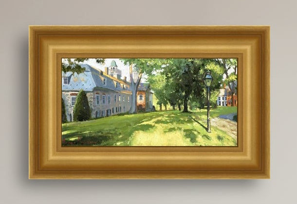 Painting of a sunlit Moravian Chapel with a lamp post and trees.