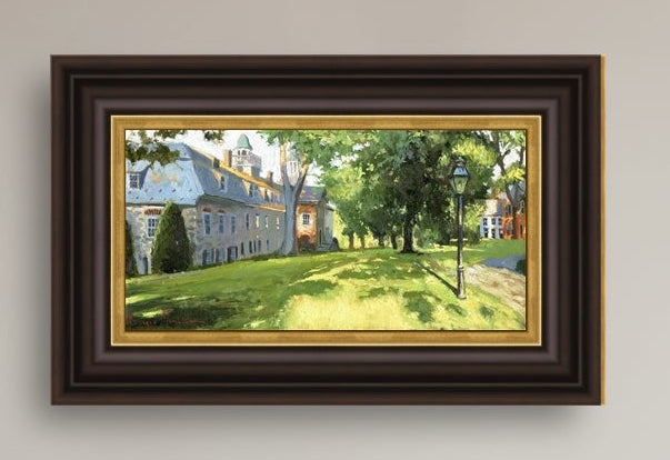 Painting of a sunlit Moravian Chapel with a lamp post and trees.