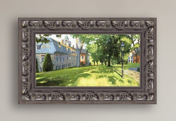 Painting of a sunlit Moravian Chapel with a lamp post and trees.