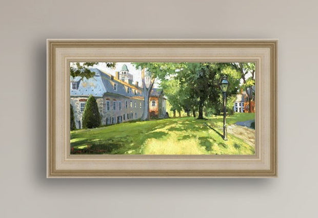 Painting of a sunlit Moravian Chapel with a lamp post and trees.