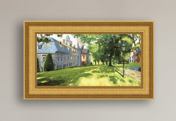 Painting of a sunlit Moravian Chapel with a lamp post and trees.
