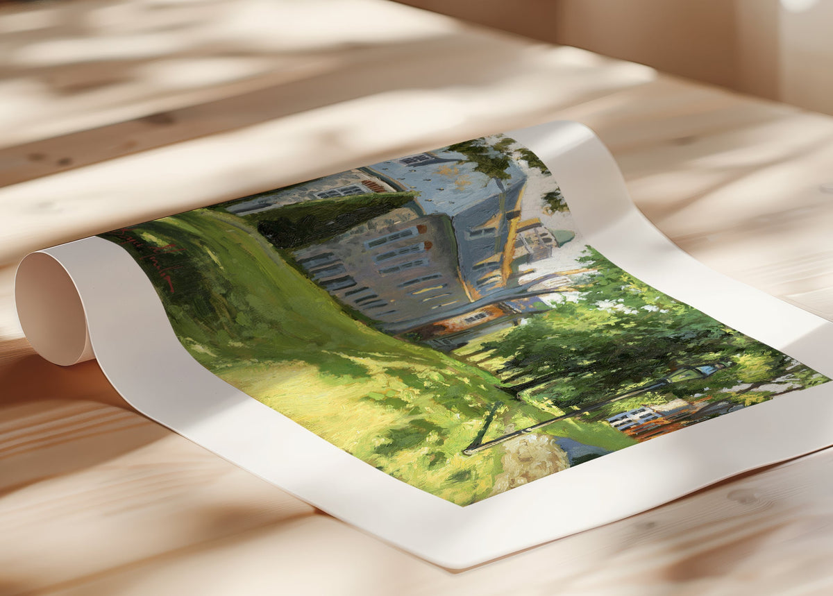 Painting of a sunlit Moravian Chapel with a lamp post and trees.