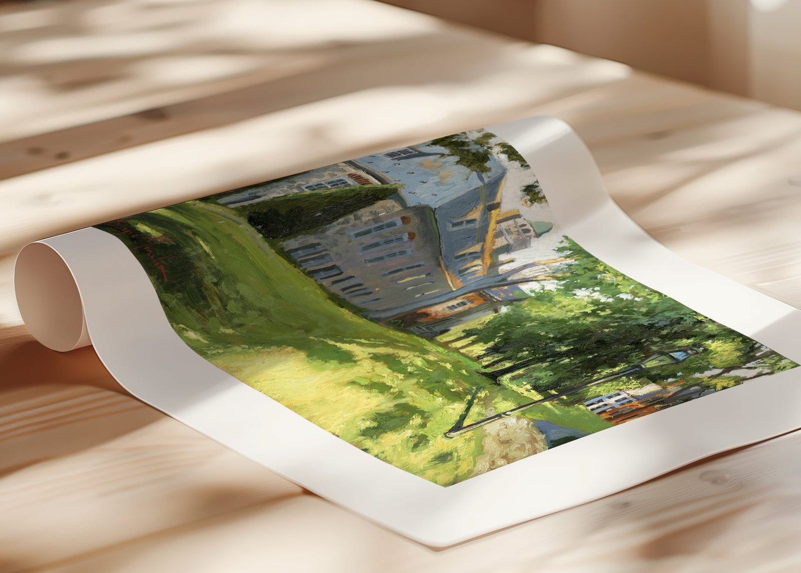 Painting of a sunlit Moravian Chapel with a lamp post and trees.