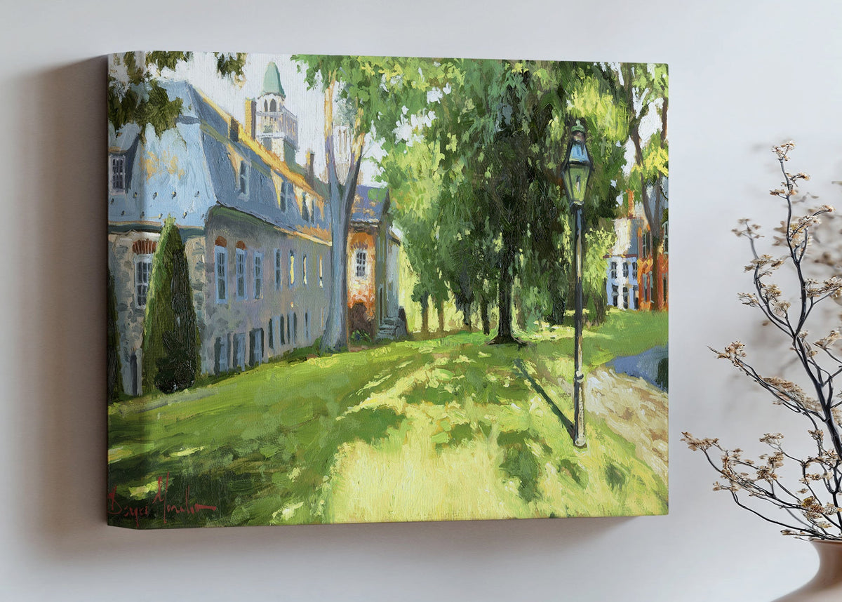 Painting of a sunlit Moravian Chapel with a lamp post and trees.