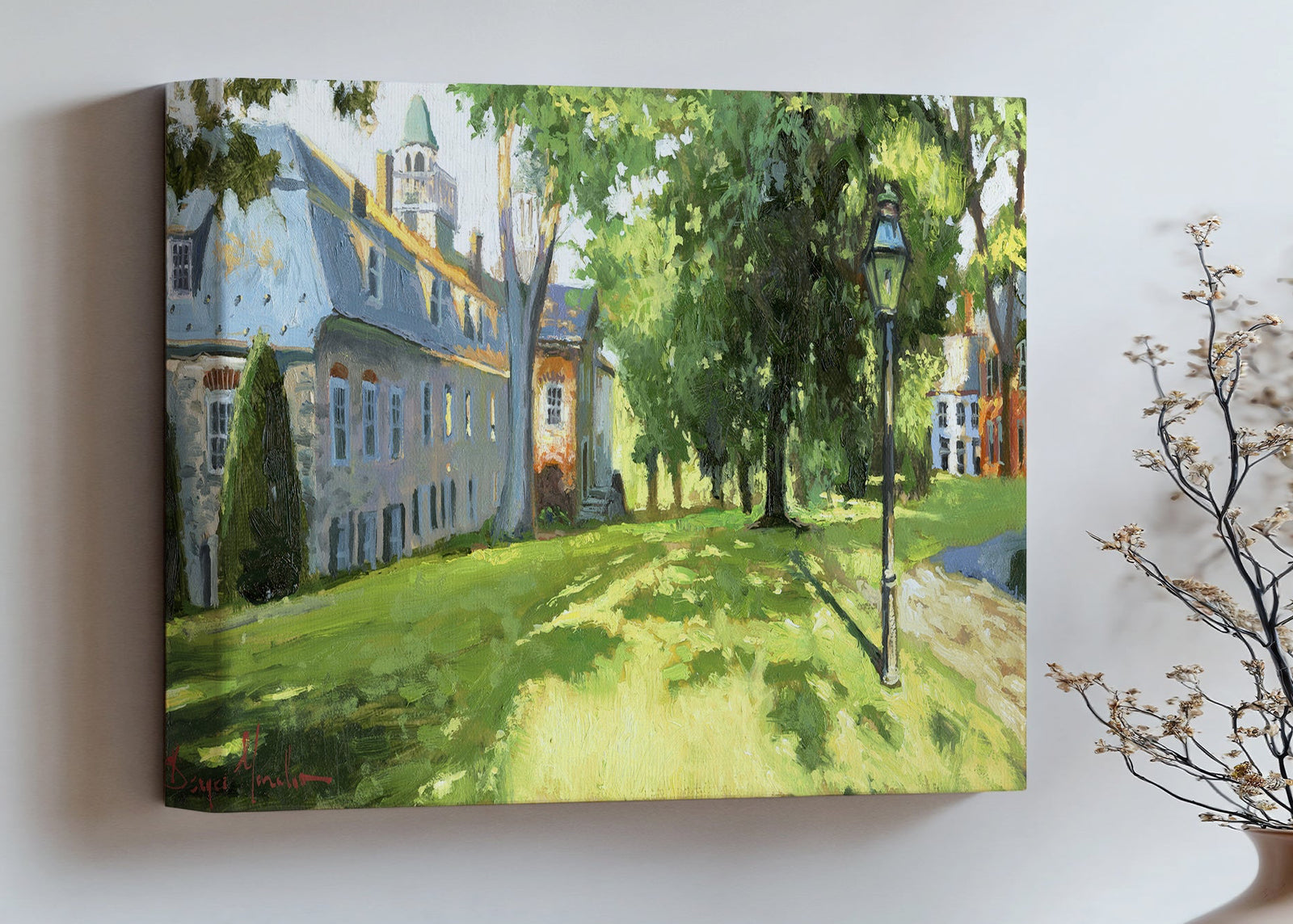 Painting of a sunlit Moravian Chapel with a lamp post and trees.