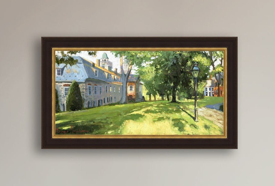 Painting of a sunlit Moravian Chapel with a lamp post and trees.