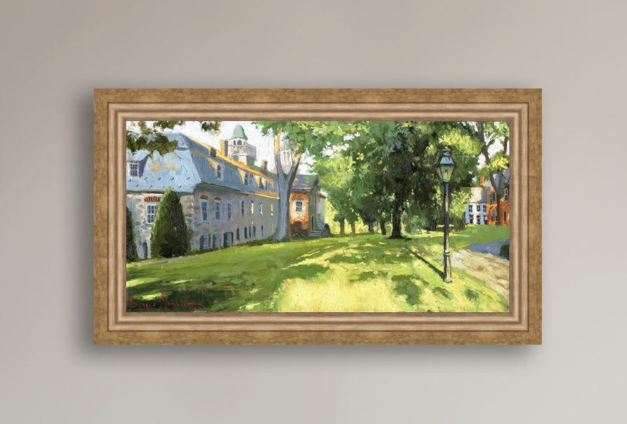 Painting of a sunlit Moravian Chapel with a lamp post and trees.