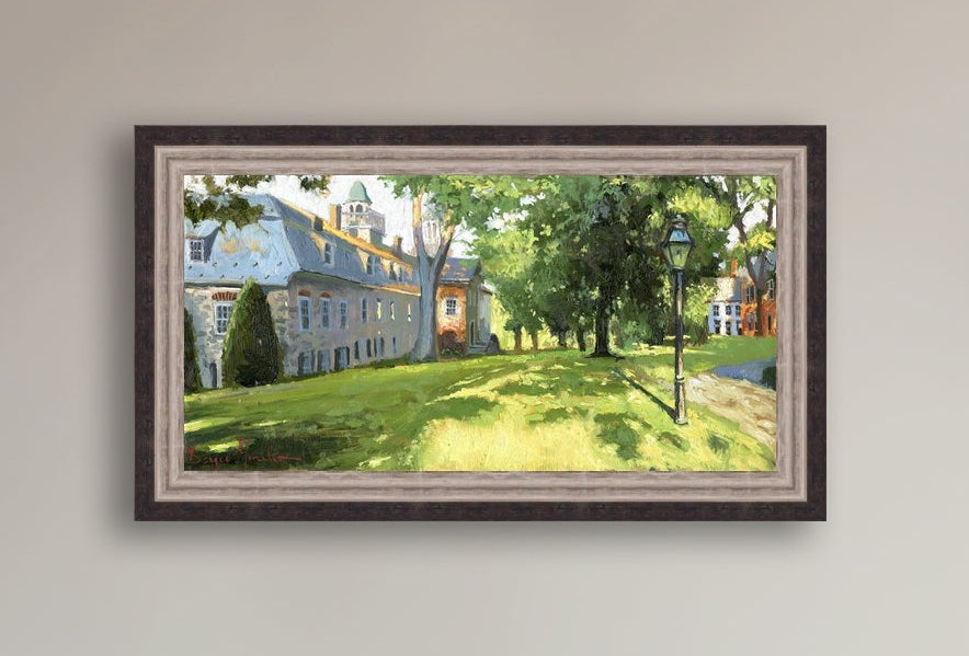 Painting of a sunlit Moravian Chapel with a lamp post and trees.