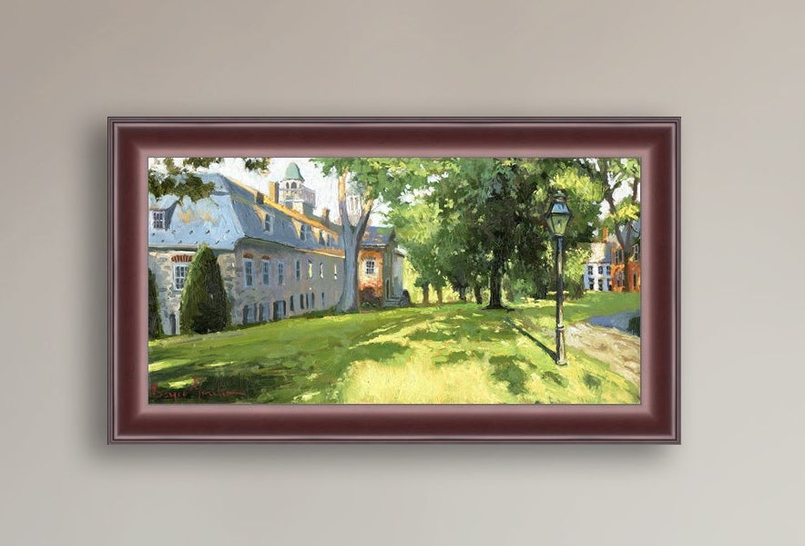 Painting of a sunlit Moravian Chapel with a lamp post and trees.