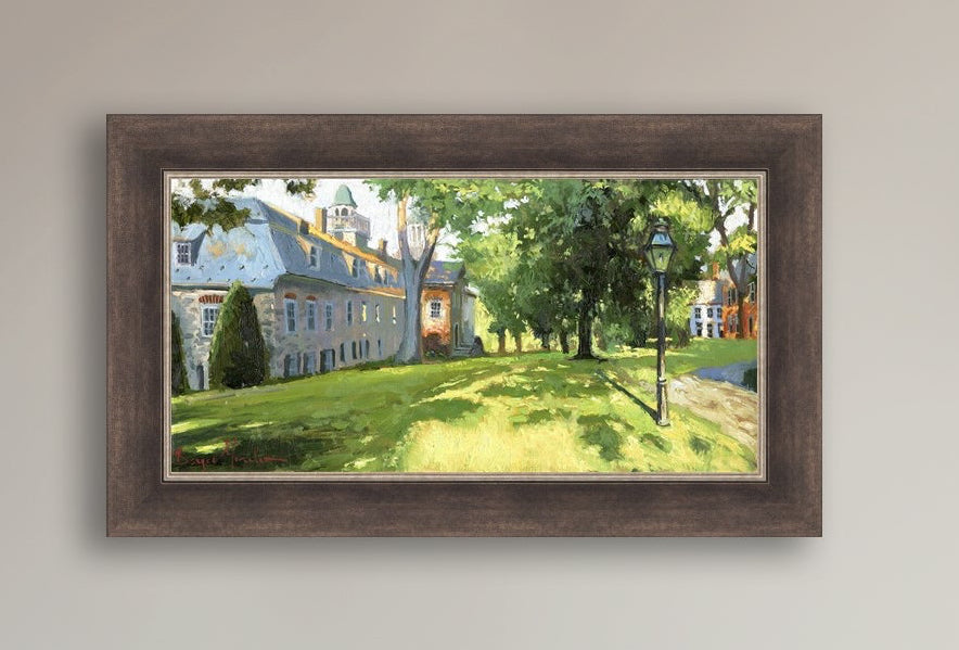 Painting of a sunlit Moravian Chapel with a lamp post and trees.