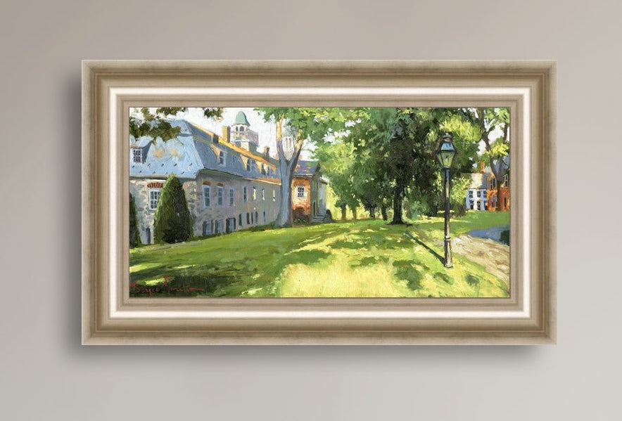 Painting of a sunlit Moravian Chapel with a lamp post and trees.