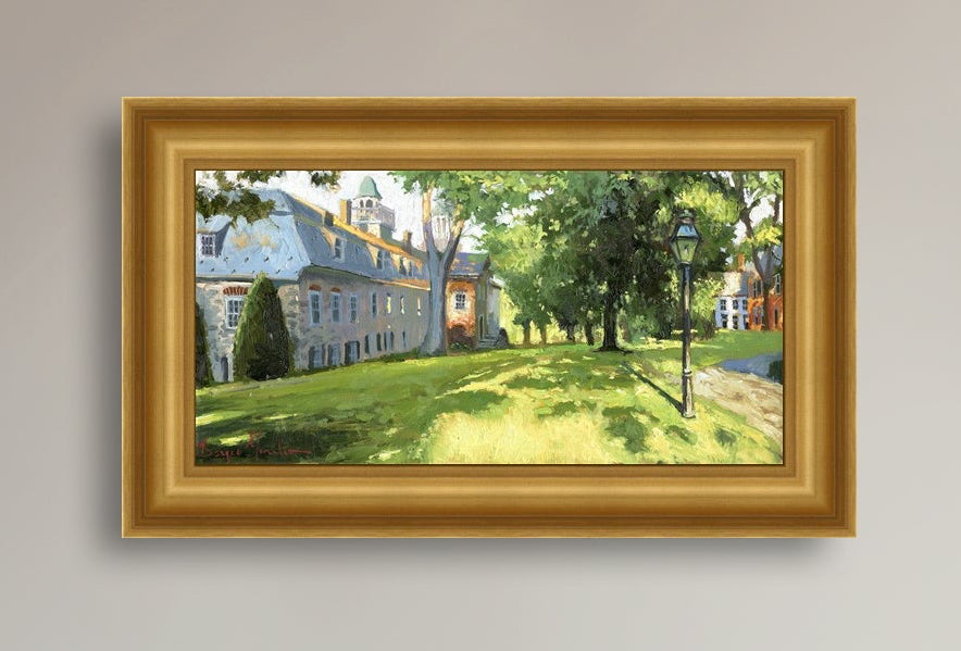 Painting of a sunlit Moravian Chapel with a lamp post and trees.