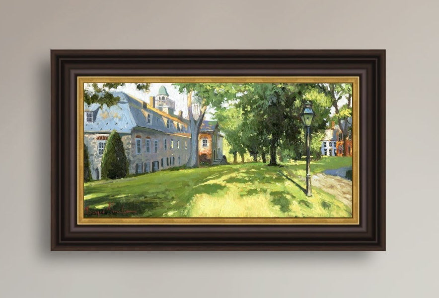 Painting of a sunlit Moravian Chapel with a lamp post and trees.