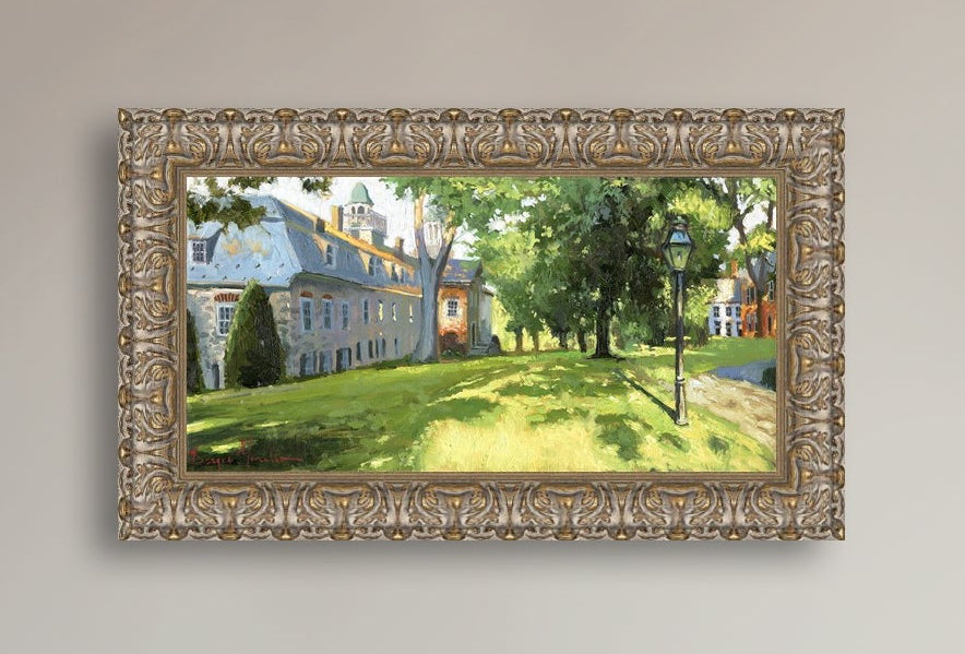 Painting of a sunlit Moravian Chapel with a lamp post and trees.