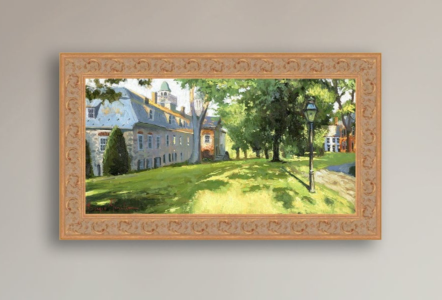 Painting of a sunlit Moravian Chapel with a lamp post and trees.