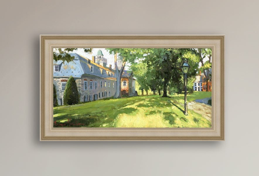 Painting of a sunlit Moravian Chapel with a lamp post and trees.