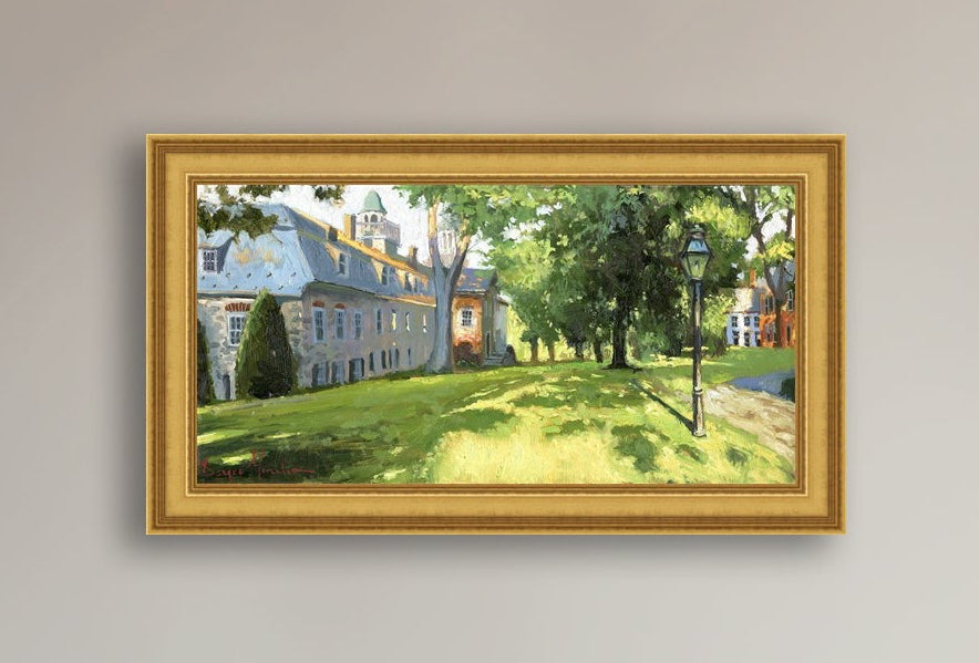 Painting of a sunlit Moravian Chapel with a lamp post and trees.