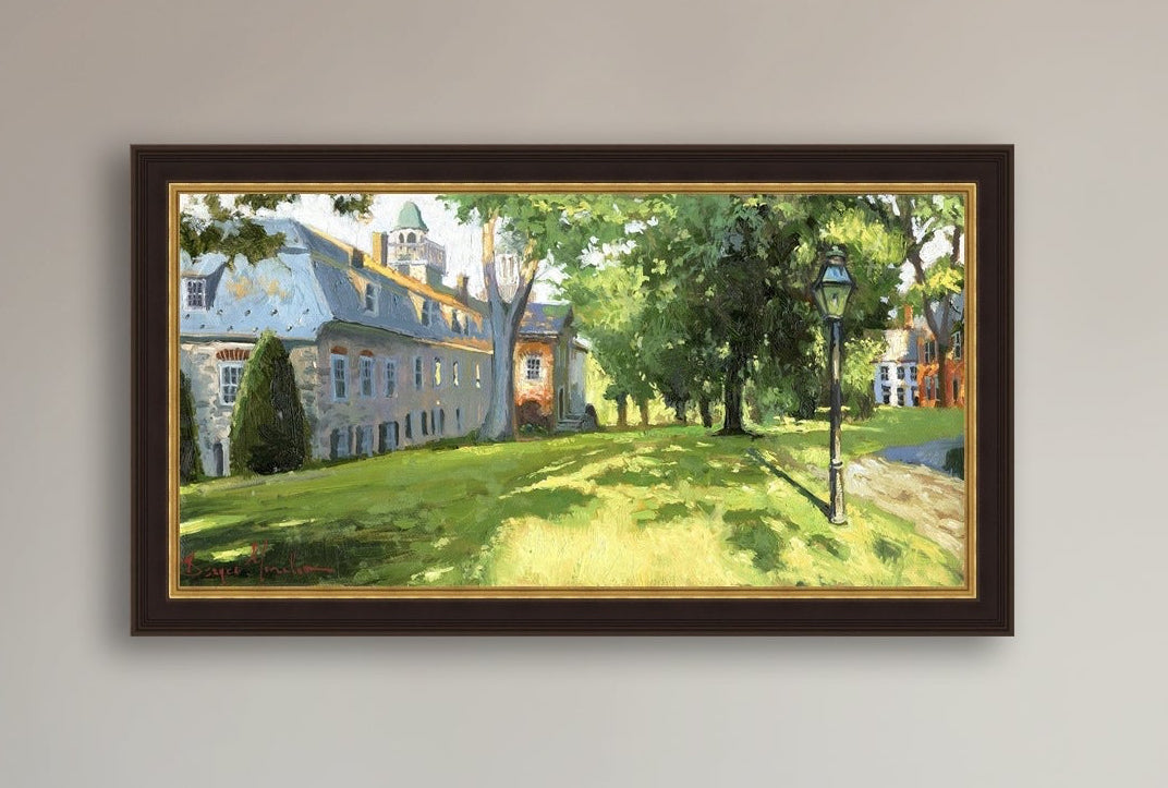 Painting of a sunlit Moravian Chapel with a lamp post and trees.