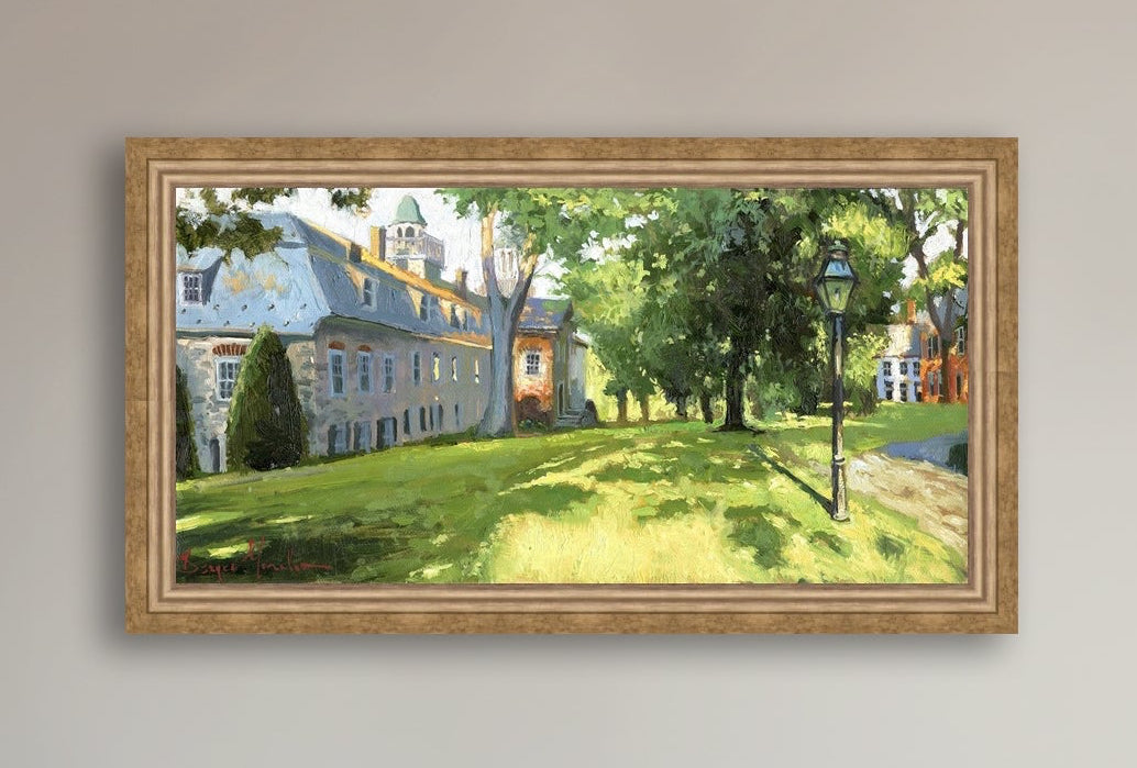 Painting of a sunlit Moravian Chapel with a lamp post and trees.