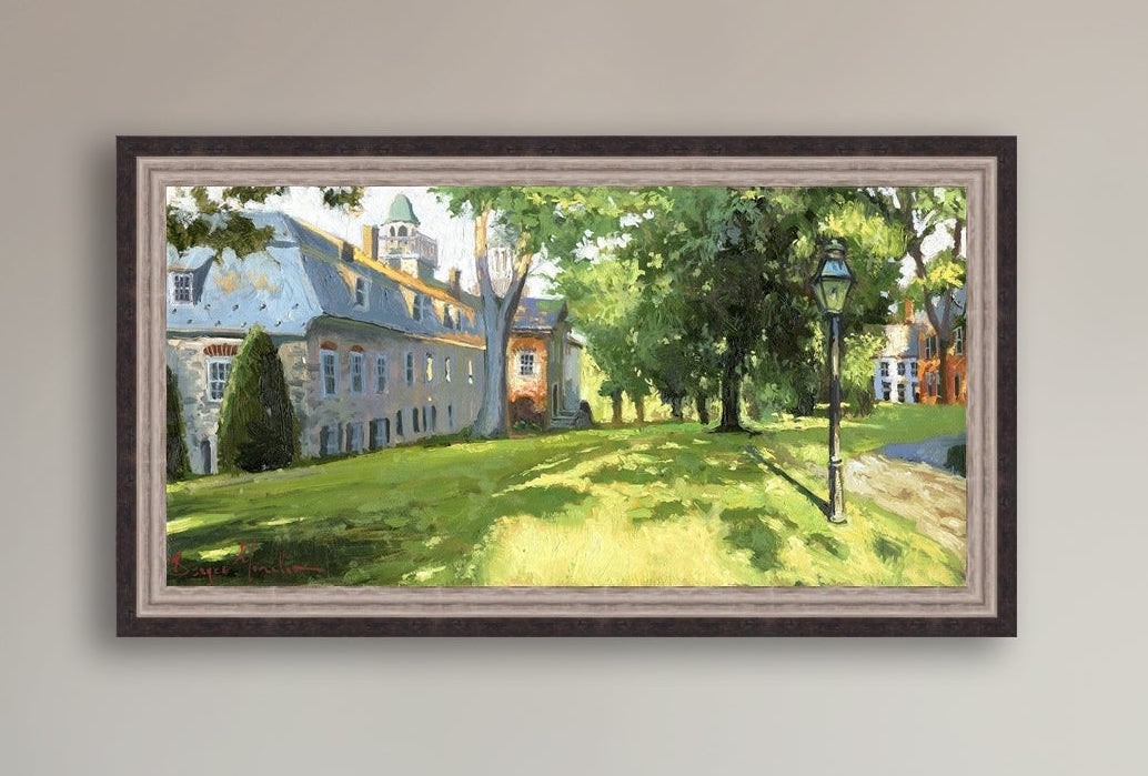 Painting of a sunlit Moravian Chapel with a lamp post and trees.