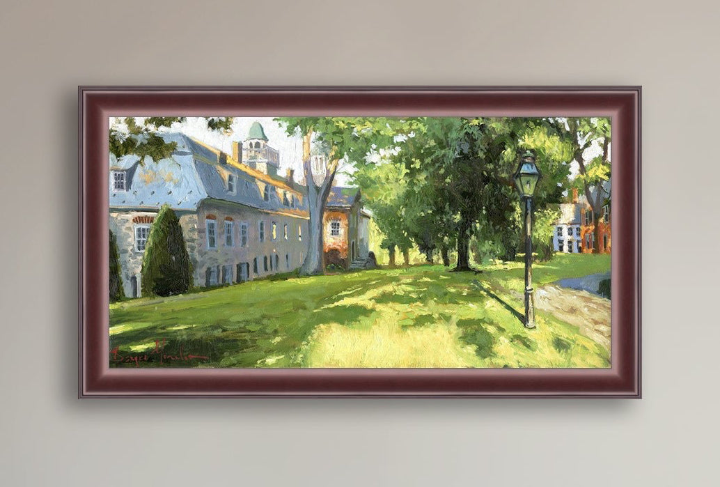 Painting of a sunlit Moravian Chapel with a lamp post and trees.