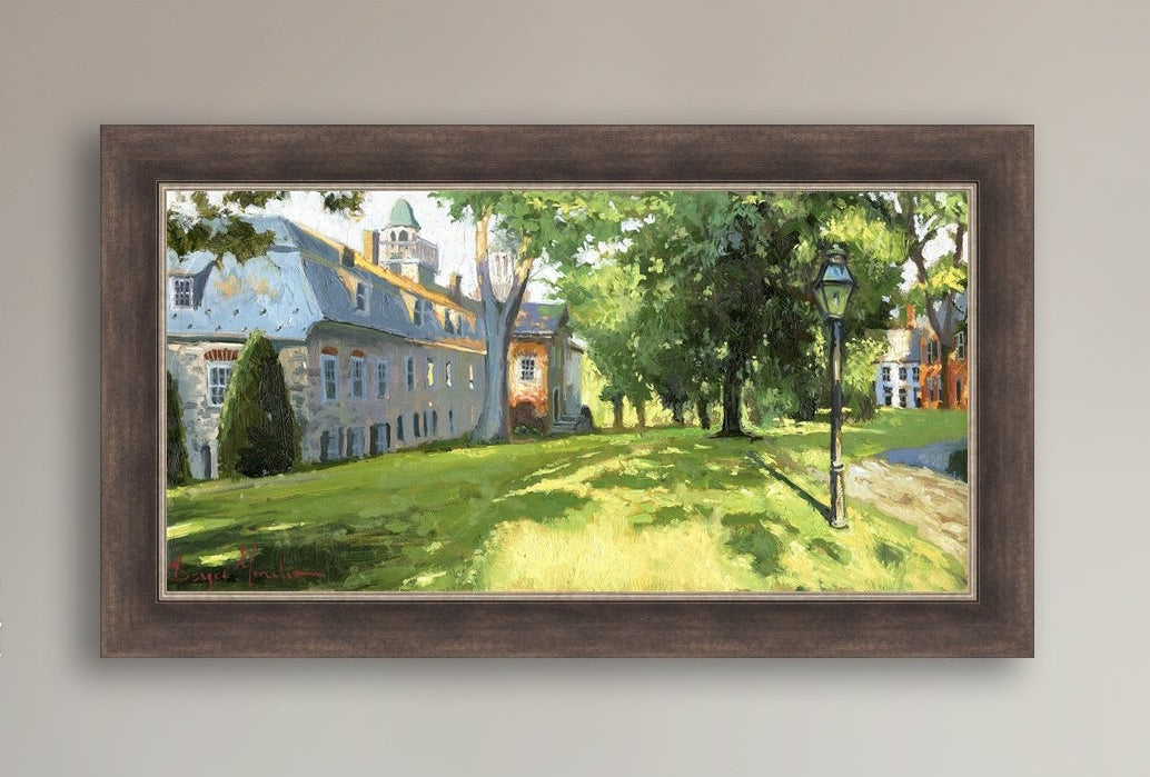 Painting of a sunlit Moravian Chapel with a lamp post and trees.