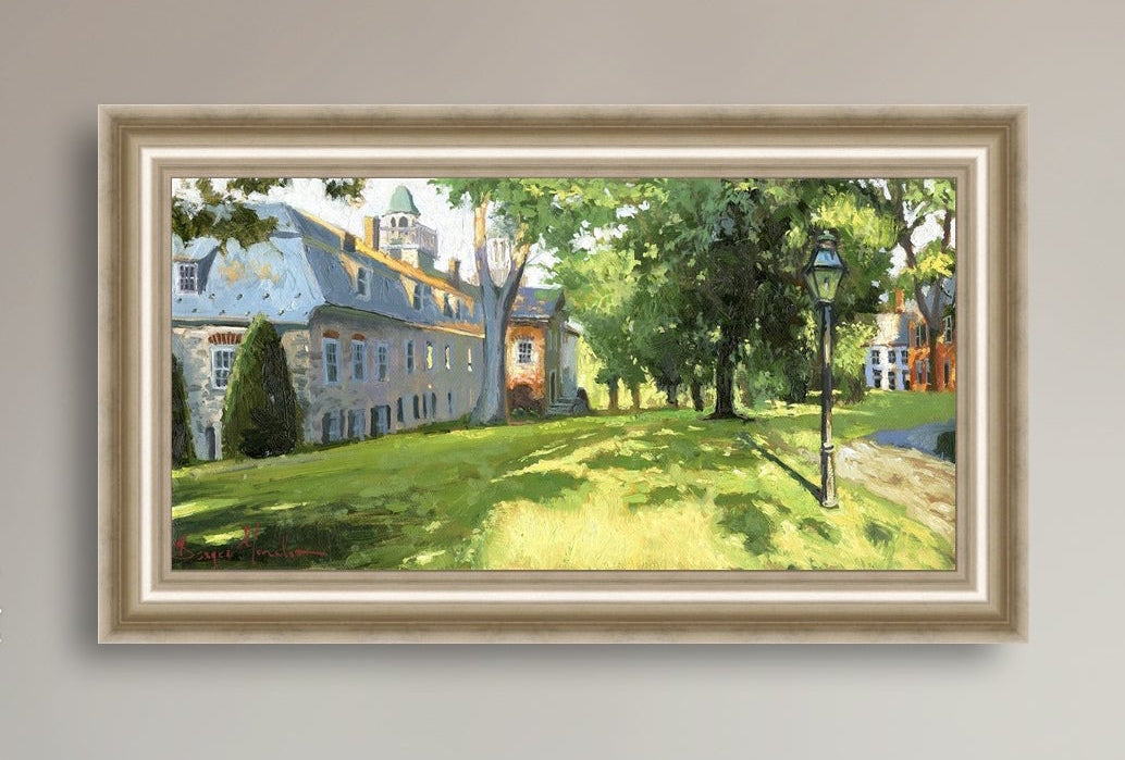 Painting of a sunlit Moravian Chapel with a lamp post and trees.