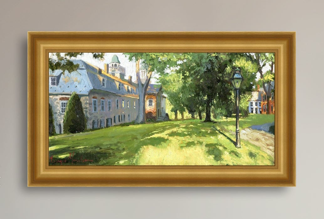 Painting of a sunlit Moravian Chapel with a lamp post and trees.