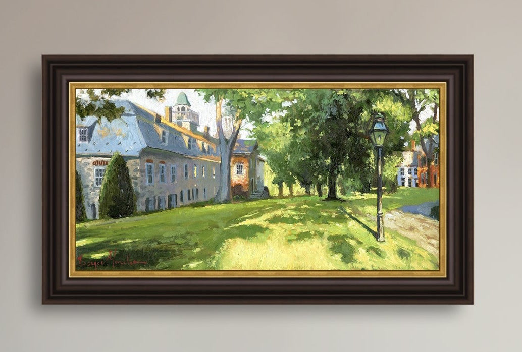 Painting of a sunlit Moravian Chapel with a lamp post and trees.