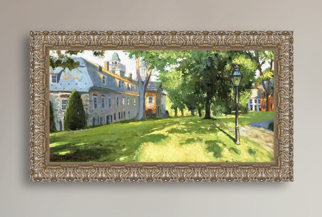 Painting of a sunlit Moravian Chapel with a lamp post and trees.