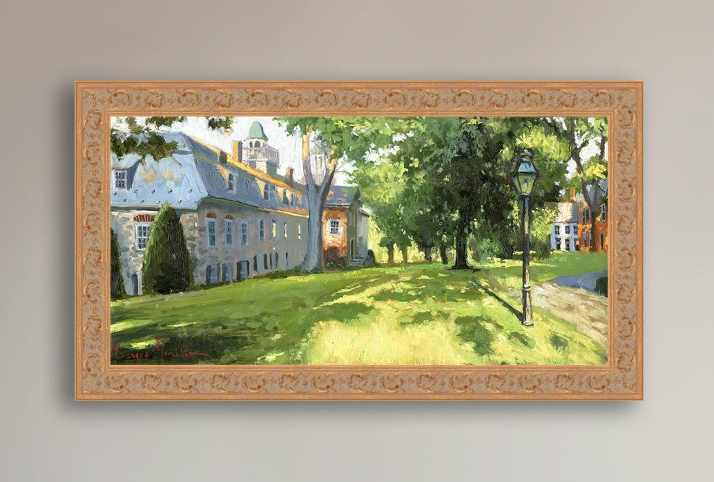 Painting of a sunlit Moravian Chapel with a lamp post and trees.