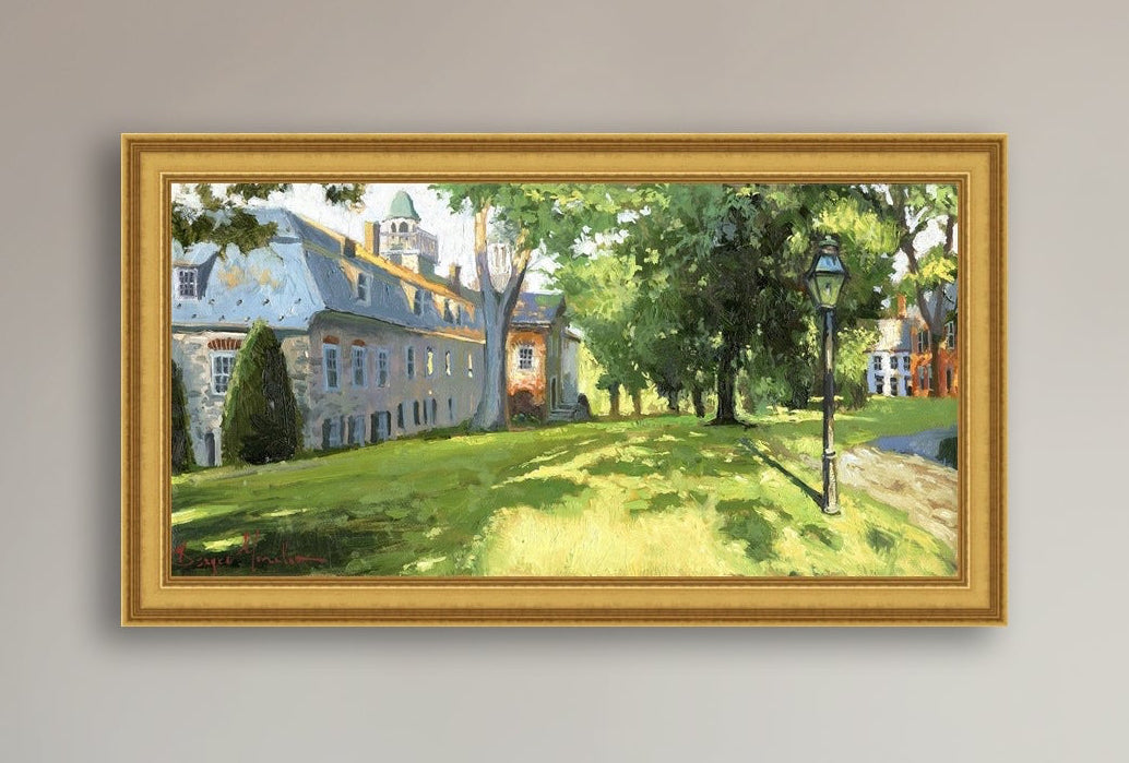 Painting of a sunlit Moravian Chapel with a lamp post and trees.