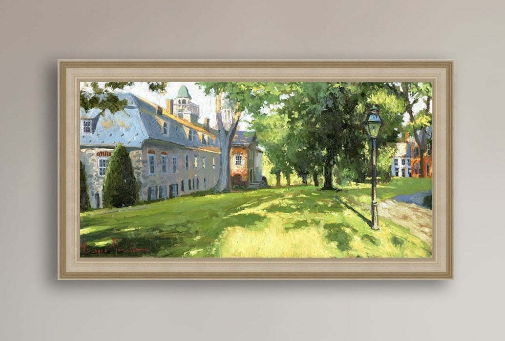Painting of a sunlit Moravian Chapel with a lamp post and trees.