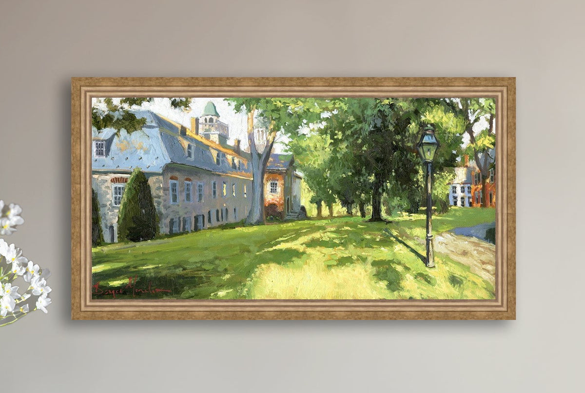Painting of a sunlit Moravian Chapel with a lamp post and trees.