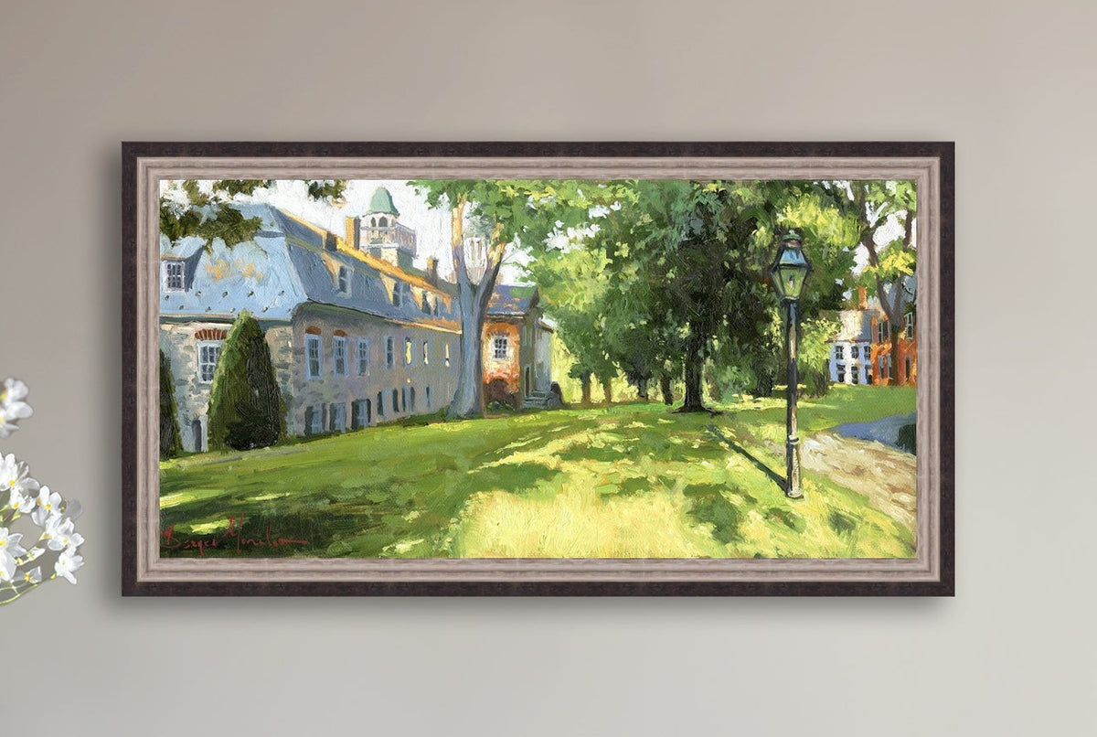 Painting of a sunlit Moravian Chapel with a lamp post and trees.