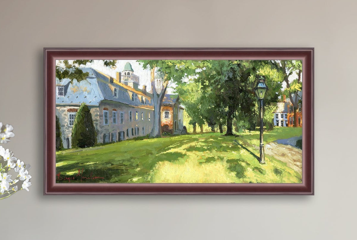 Painting of a sunlit Moravian Chapel with a lamp post and trees.