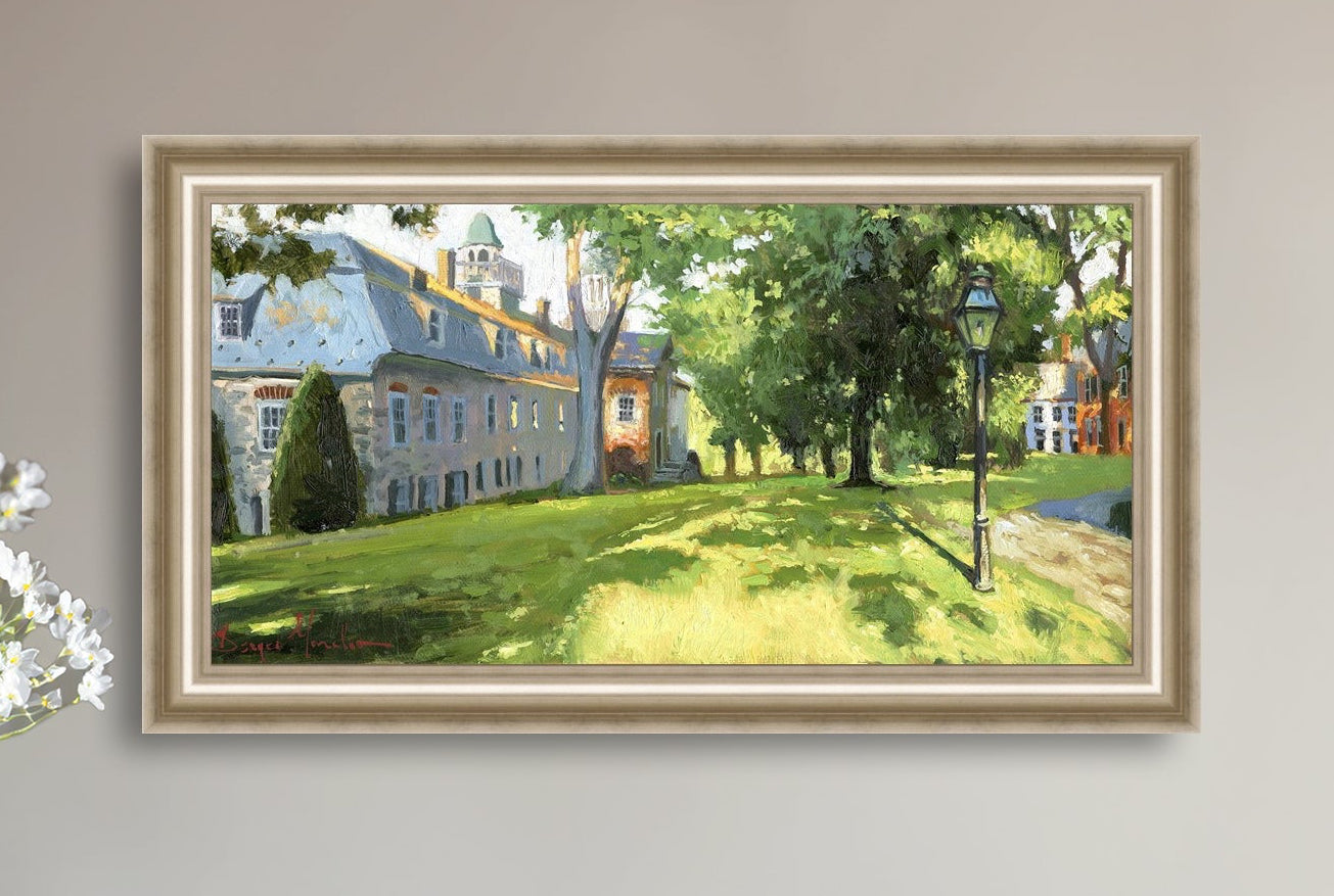 Painting of a sunlit Moravian Chapel with a lamp post and trees.