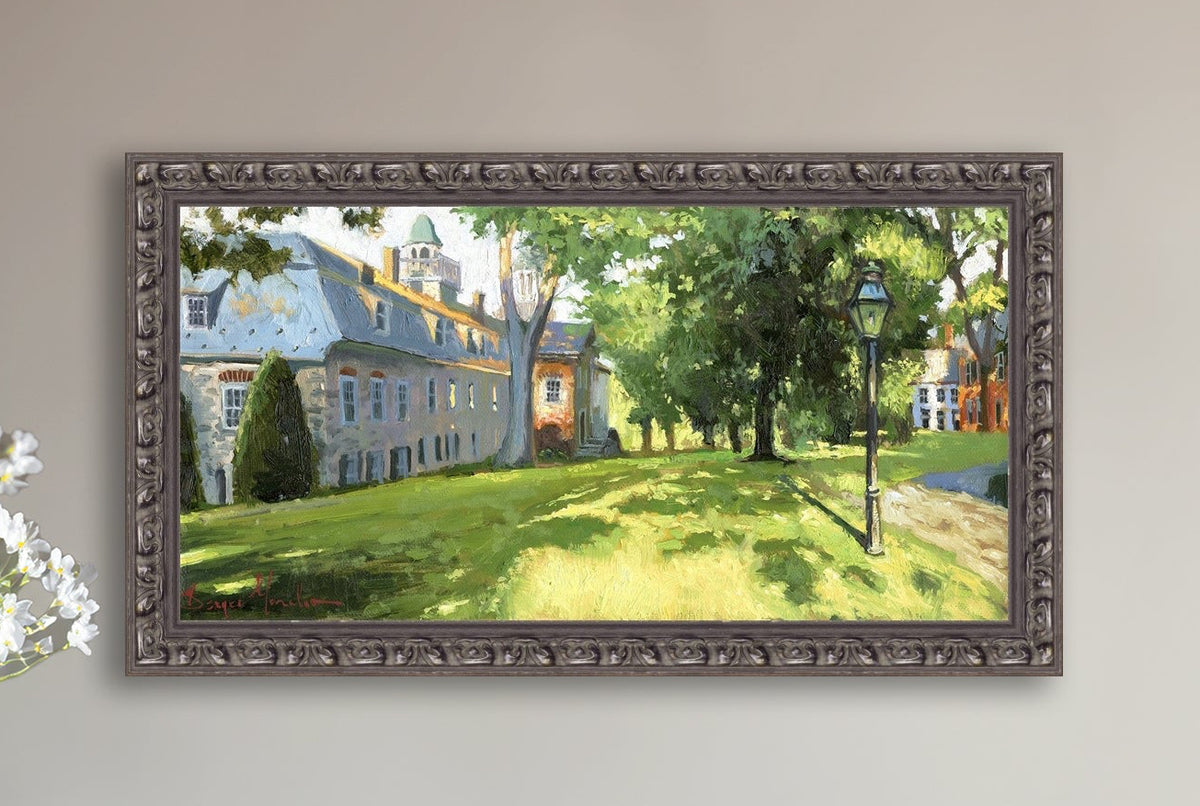 Painting of a sunlit Moravian Chapel with a lamp post and trees.