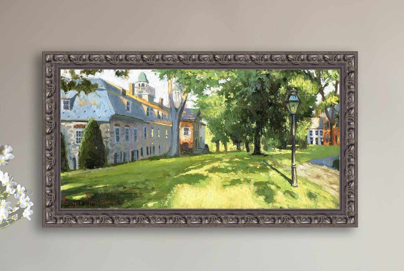 Painting of a sunlit Moravian Chapel with a lamp post and trees.