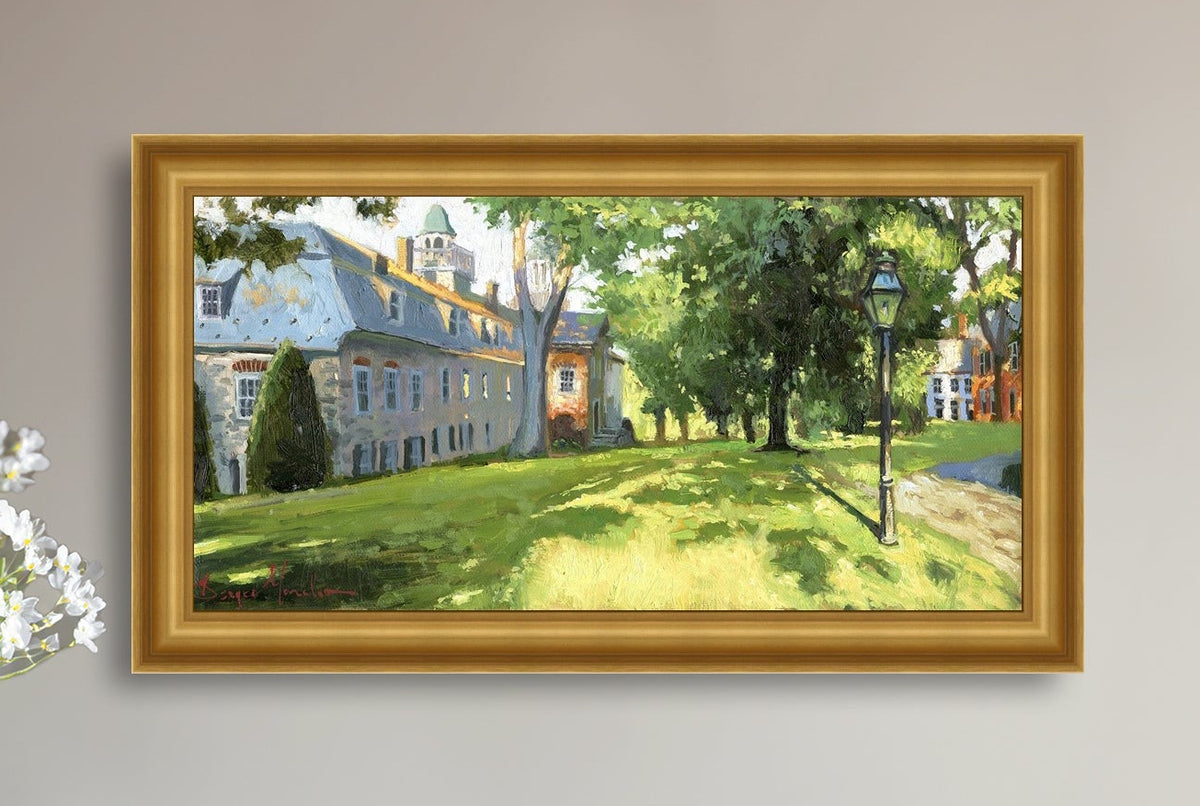 Painting of a sunlit Moravian Chapel with a lamp post and trees.