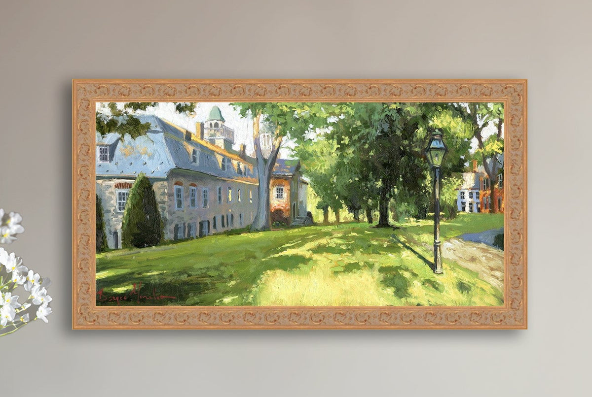 Painting of a sunlit Moravian Chapel with a lamp post and trees.