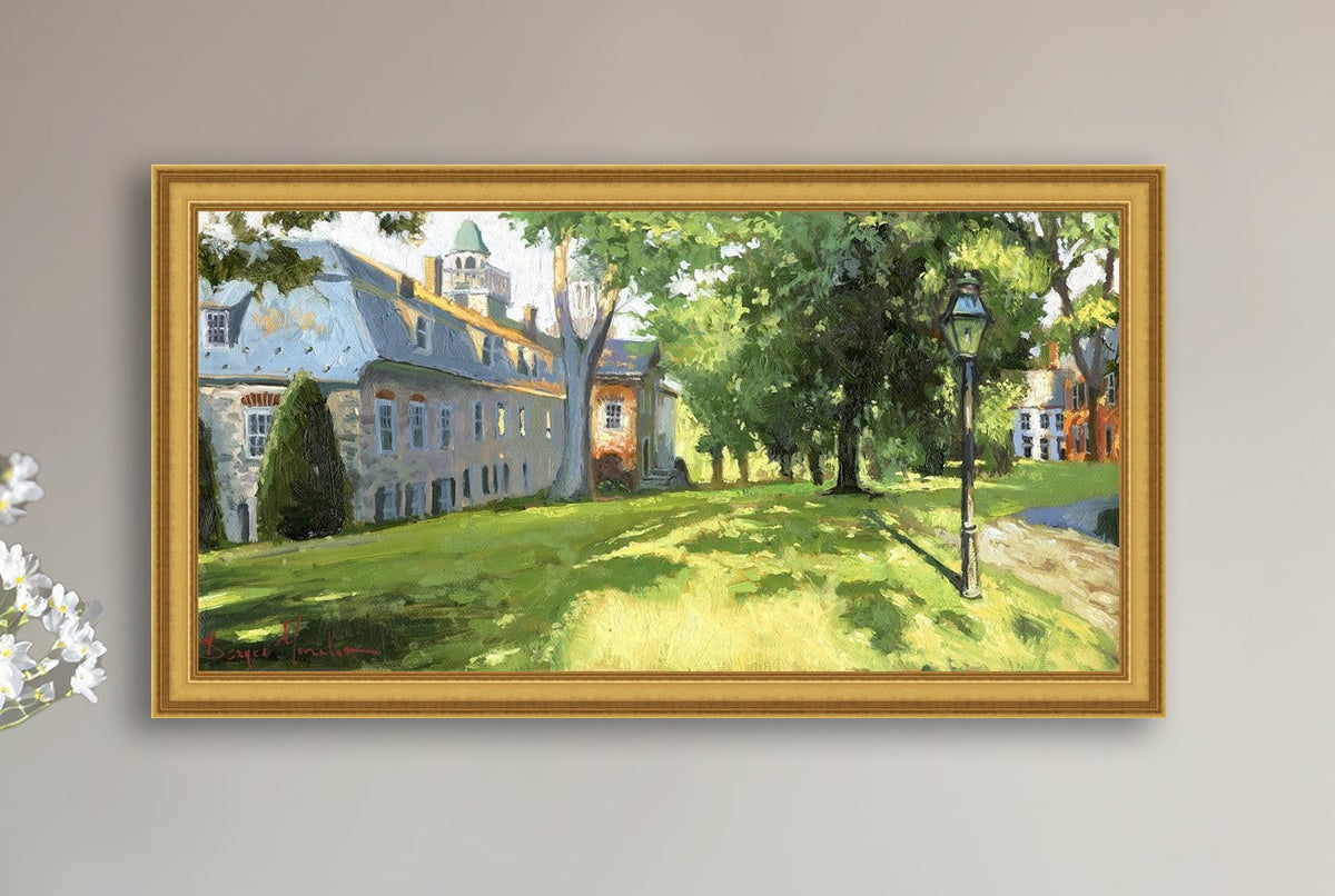 Painting of a sunlit Moravian Chapel with a lamp post and trees.