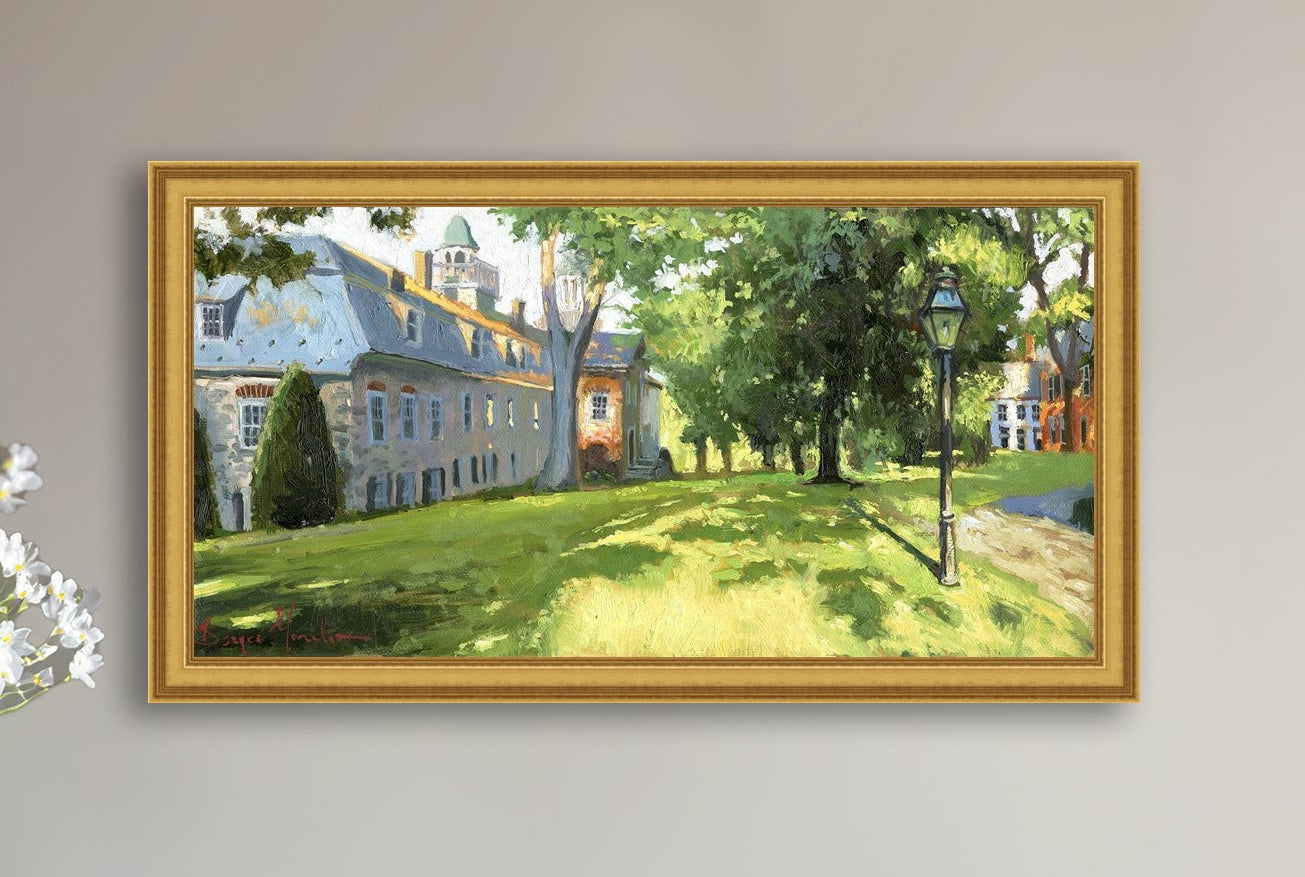 Painting of a sunlit Moravian Chapel with a lamp post and trees.
